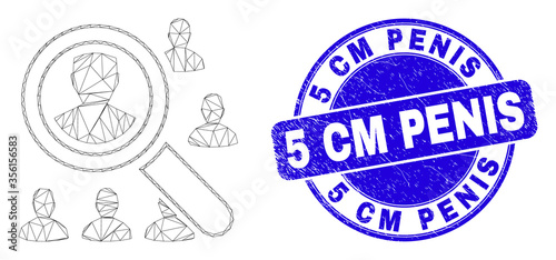 Web mesh search users pictogram and 5 Cm Penis seal stamp. Blue vector round distress seal with 5 Cm Penis message. Abstract frame mesh polygonal model created from search users pictogram.