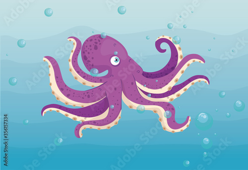 octopus animal marine in ocean, sea world dweller, cute underwater creature,habitat marine vector illustration design