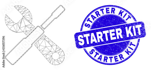 Web mesh setup tools icon and Starter Kit seal. Blue vector rounded scratched seal stamp with Starter Kit phrase. Abstract carcass mesh polygonal model created from setup tools icon.