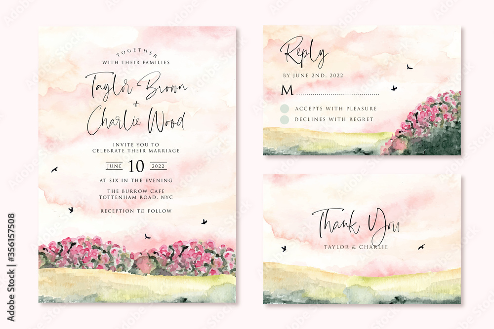 wedding invitation set with dreamy pink garden watercolor landscape - obrazy, fototapety, plakaty 