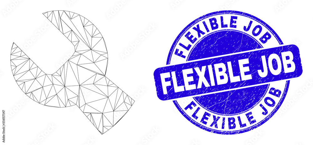 Obraz premium Web carcass setup tools pictogram and Flexible Job seal. Blue vector round grunge seal with Flexible Job phrase. Abstract carcass mesh polygonal model created from setup tools icon.