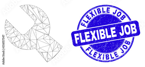 Web carcass setup tools pictogram and Flexible Job seal. Blue vector round grunge seal with Flexible Job phrase. Abstract carcass mesh polygonal model created from setup tools icon.