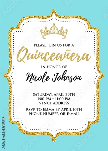 Quinceañera Birthday Party for Girl 15 years vector printable invitation card with golden glitter elements