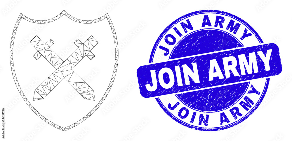 Web mesh shield and swords icon and Join Army seal stamp. Blue vector round distress seal stamp with Join Army title. Abstract frame mesh polygonal model created from shield and swords icon. Web mesh shield and swords icon and Join Army seal stamp. Blue vector round distress seal stamp with Join Army title. Abstract frame mesh polygonal model created from shield and swords icon.