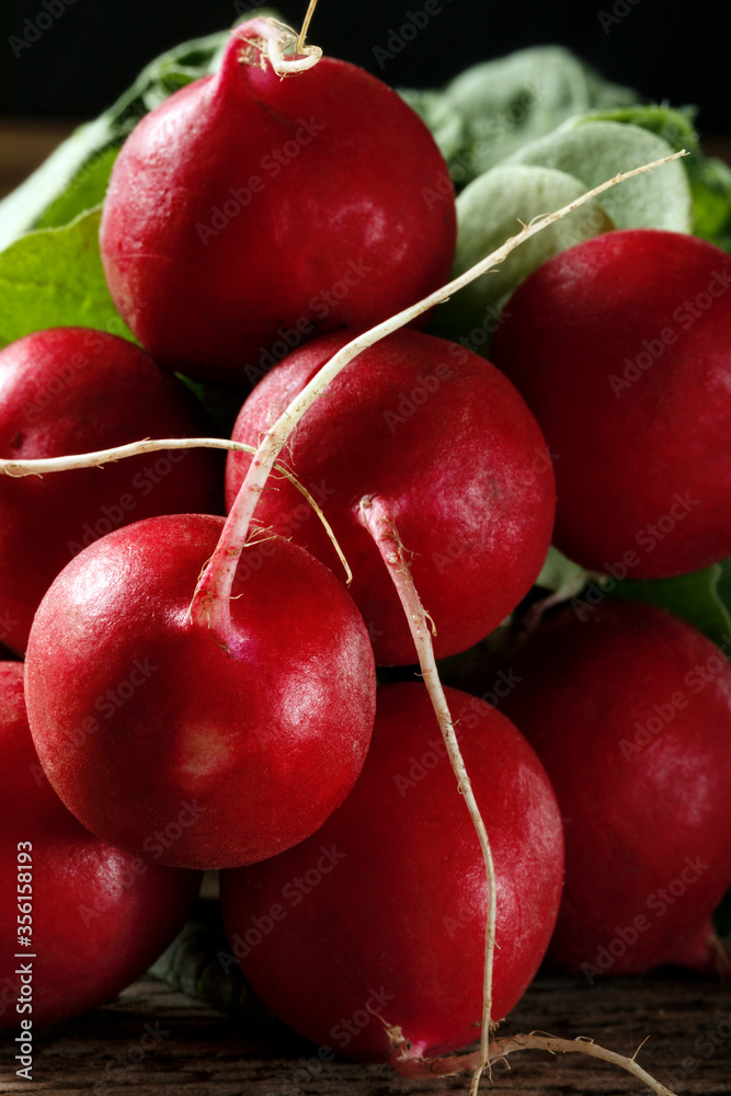 Fresh picked radishes on a wooden table.