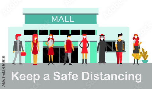 Social Distancing Keep a safe Distance, People Figures in front of a mall. 