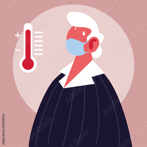 Old man cartoon with fever and thermometer vector design