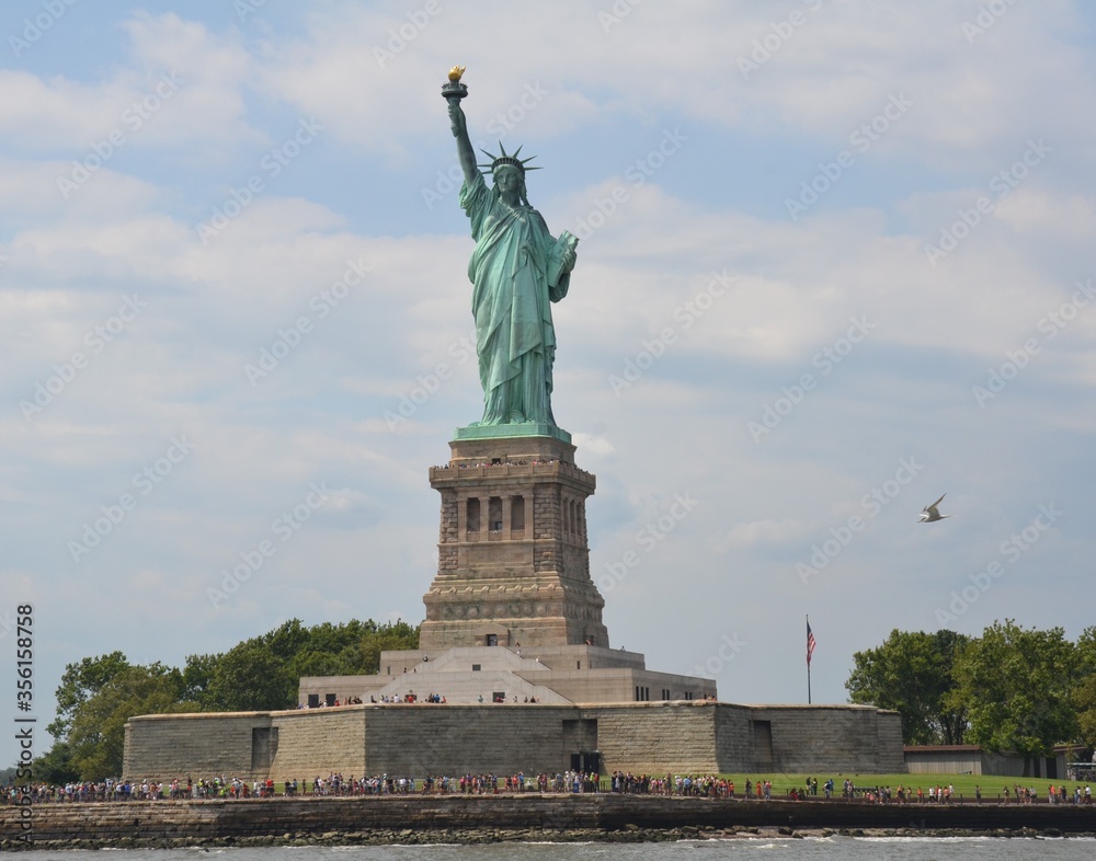 statue of liberty with people and seagull