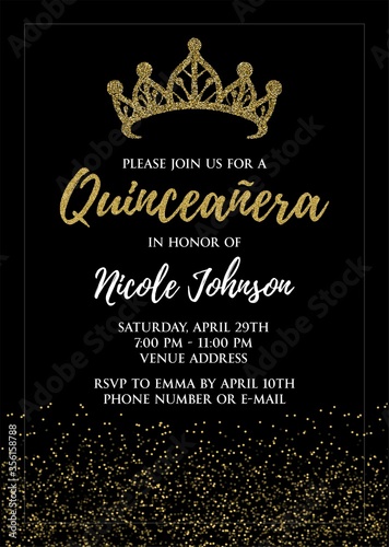 Quinceañera Birthday Party for Girl 15 years vector printable invitation card with golden glitter elements