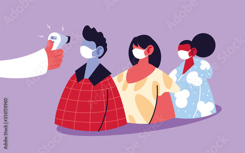 Hand holding thermometer gun checking people temperature vector design