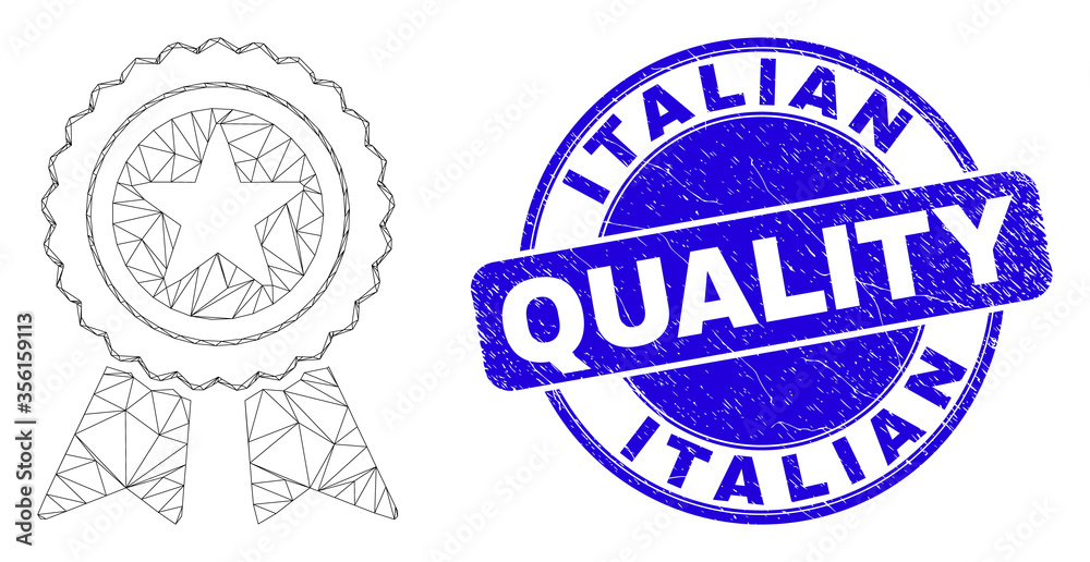 Web mesh star award pictogram and Italian Quality seal stamp. Blue vector rounded grunge seal with Italian Quality phrase. Abstract carcass mesh polygonal model created from star award pictogram.