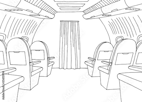 Aircraft interior graphic black white sketch illustration vector