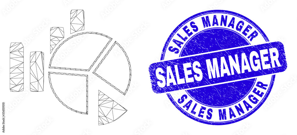 Obraz premium Web mesh statistics charts icon and Sales Manager seal stamp. Blue vector round scratched stamp with Sales Manager message. Abstract frame mesh polygonal model created from statistics charts icon.