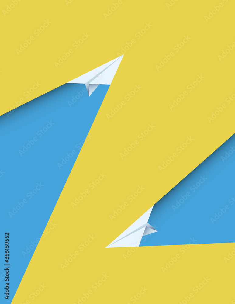 Two paper planes flying in opposite directions on yellow background. Symbol of freedom, success. Two paper planes flying in opposite directions on yellow background. Symbol of freedom, success.