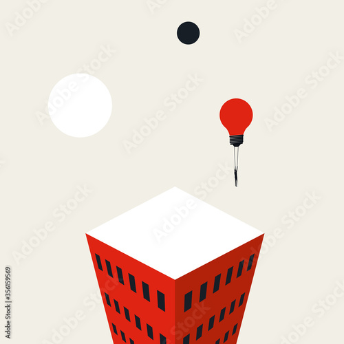 Creative solution business process vector concept with man flying off on lighbulb balloon. Symbol of creativity.