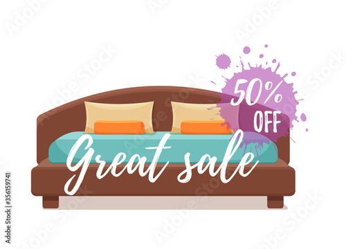 Single colorful bed with pillows and blanket sale concept.