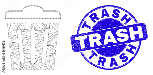 Web carcass trashcan pictogram and Trash watermark. Blue vector round textured watermark with Trash message. Abstract carcass mesh polygonal model created from trashcan pictogram.