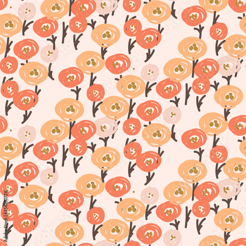 Poppy pale red vector seamless vintage floral pattern. Blue flowers and berries white background.