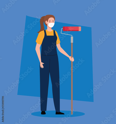 cute woman in overalls wearing medical mask, with painter roller, prevention coronavirus covid 19 concept vector illustration design