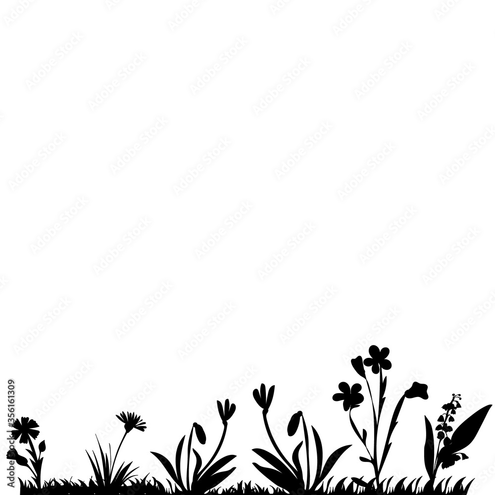 vector, on a white background, black silhouette of grass and flowers