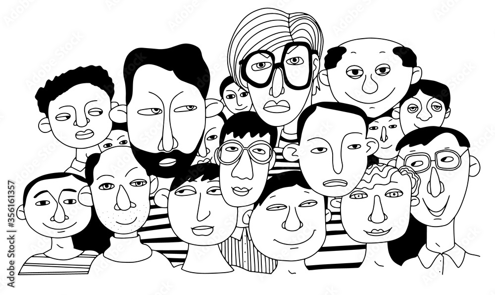 Fototapeta premium Faces - hand drawn a crowd of many different men from diverse cultural. Doodle style vector illustration