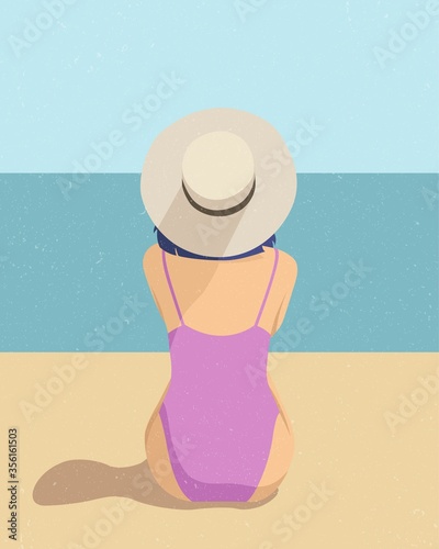 Summer illustration with a young girl in a swimsuit and hat on the beach.