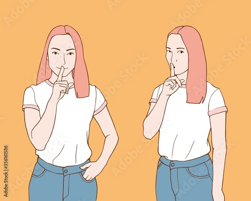Women close their mouths with forefinger showing hush, silence or keep secret gesture. 