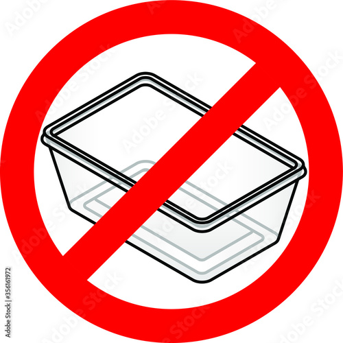 Single-use plastic ban - a red slashed circle over a clear styrene/polypropylene takeaway food container.