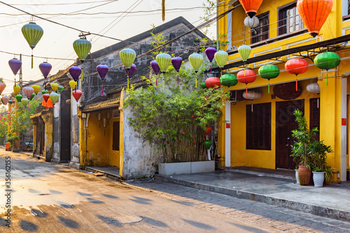 Wonderful cozy street decorated with silk lanterns at Hoi An