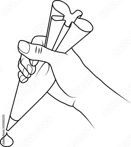 A hand holding a piping bag with a dollop of shaped icing mixture.