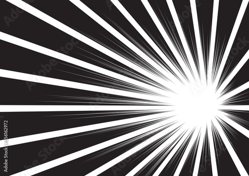 Background of radial lines for comic books. Manga speed frame, superhero action, explosion background. Black and white vector illustration