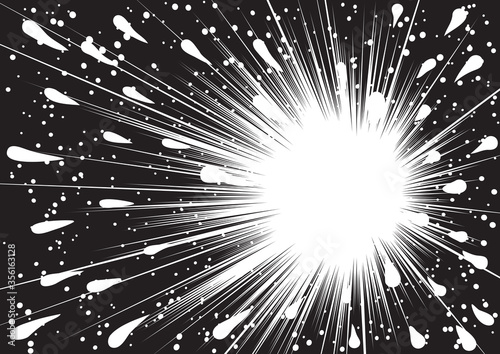Manga explosion background. Radial action lines for comic books. Black and white vector illustration
