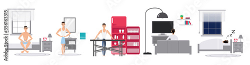 vector cartoon style day of man routine. House interior bathroom, kitchen, living room.