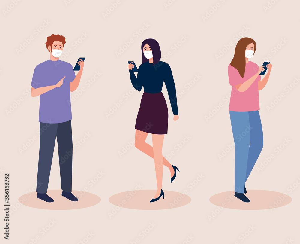 Fototapeta premium group people wearing medical mask against covid 19 using smartphone, social media coronavirus concept vector illustration design