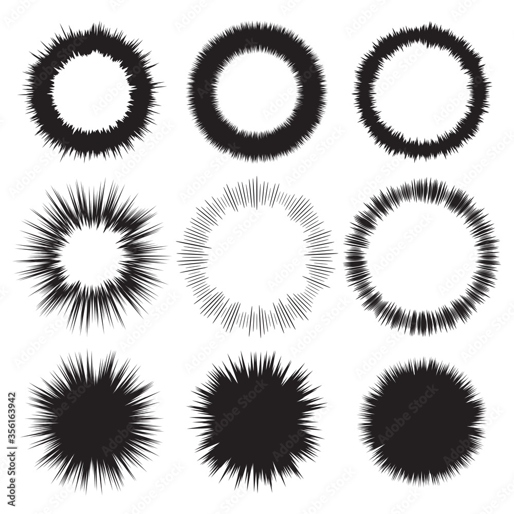 Radial motion lines. Collection of text frames in manga and anime comics. The expression of thoughts in the comics, the emotional statement. Black and white vector illustration Radial motion lines. Collection of text frames in manga and anime comics. The expression of thoughts in the comics, the emotional statement. Black and white vector illustration