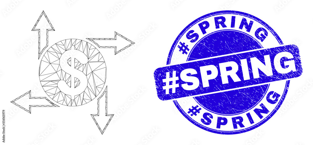 Obraz premium Web mesh dollar emission icon and #Spring seal stamp. Blue vector round grunge seal stamp with #Spring message. Abstract carcass mesh polygonal model created from dollar emission icon.