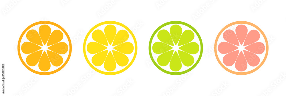 Citrus slices flat icons, orange, lemon, lime and grapefruit fruits.