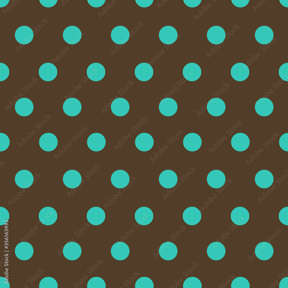 Blue polka dots on brown background flat seamless pattern.