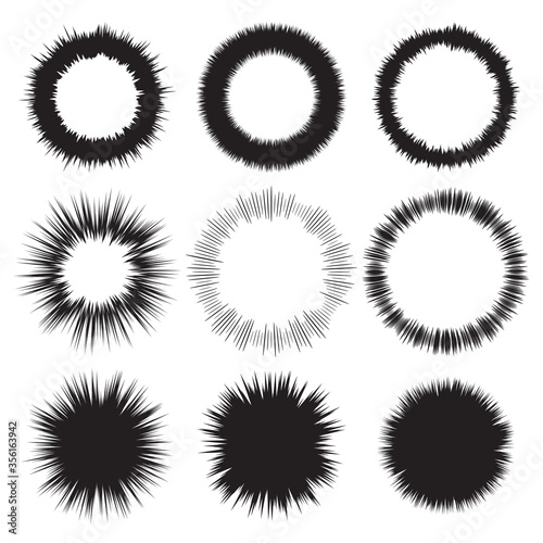 Radial motion lines. Collection of text frames in manga and anime comics. The expression of thoughts in the comics, the emotional statement. Black and white vector illustration