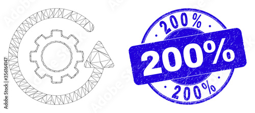 Web carcass gear rotation pictogram and 200% seal stamp. Blue vector round scratched seal stamp with 200% phrase. Abstract carcass mesh polygonal model created from gear rotation pictogram.