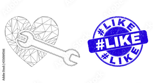 Web mesh heart repair wrench icon and #Like seal. Blue vector rounded distress seal stamp with #Like message. Abstract carcass mesh polygonal model created from heart repair wrench icon.