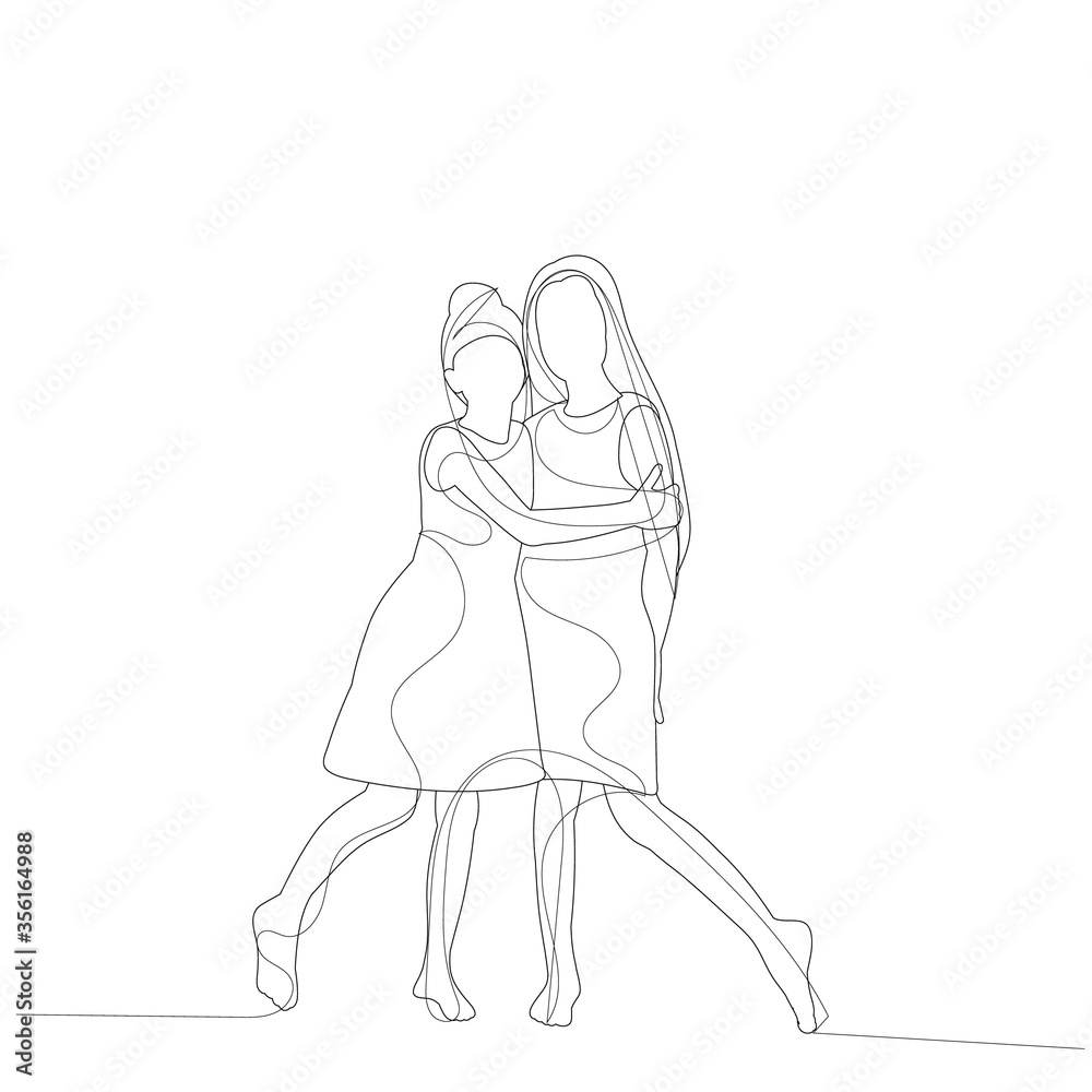 vector, on a white background, line drawing girls girlfriends