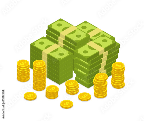Isometric pile money with coins icon. Stacked heap of dollar banknote for business credit. Financial economy concept. Wealth or rich sign. Cartoon paper currency. Jackpot lottery symbol. vector.