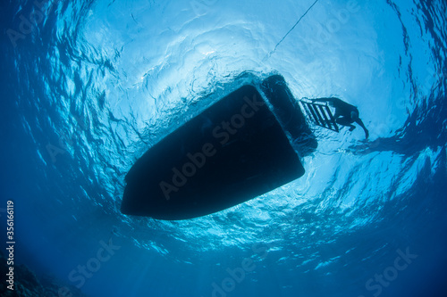 A diver climbs a ladder onto a small boat while floating in the tropical Pacific Ocean near the island of Yap. photo