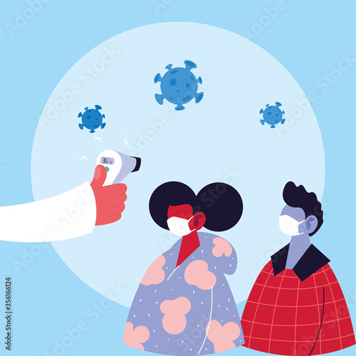 Hand holding thermometer gun checking man and woman temperature vector design