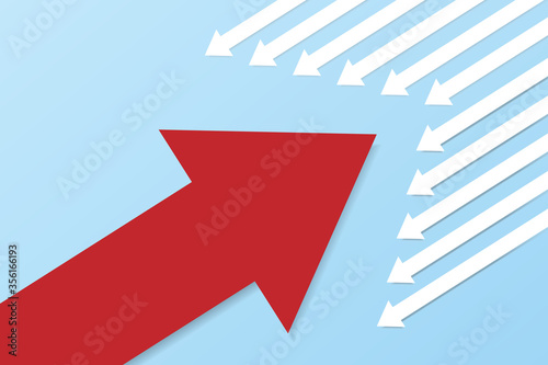 Trend, change, creativity and competition concept. Unique red arrow changing on blue background