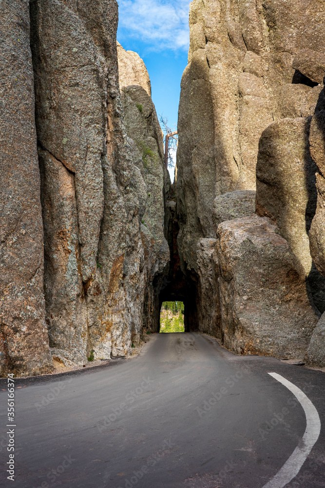 Foto Stock The needles eye tunnel is a narrow one lane road cut through the  stone of the Black Hills in South Dakota near Mount Rushmore in Custer  State Park. | Adobe