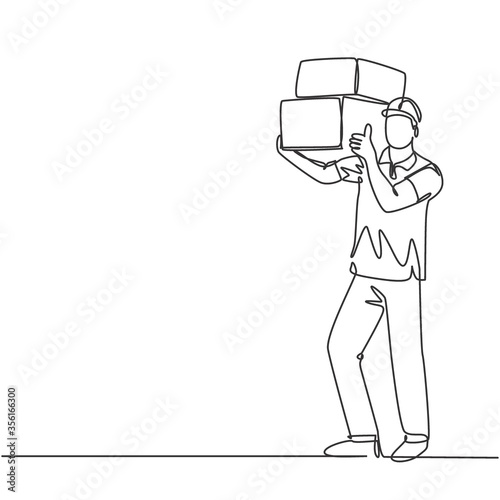 One line drawing of young happy delivery courier man gives thumbs up gesture while lift up carton box packages. Delivery service business concept. Continuous line draw design vector illustration