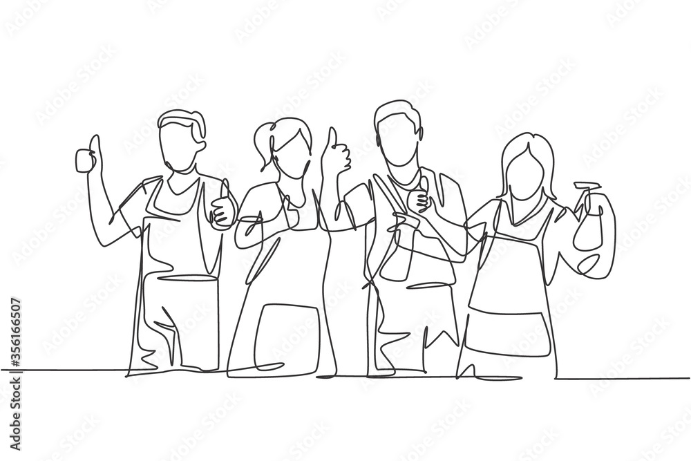 One line drawing of groups of group male and female janitor giving thumbs up gesture. Cleaning service teamwork concept. Continuous line draw design vector illustration One line drawing of groups of group male and female janitor giving thumbs up gesture. Cleaning service teamwork concept. Continuous line draw design vector illustration