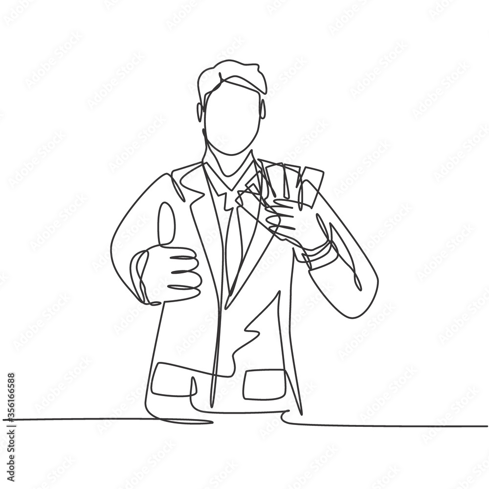 One line drawing of young happy business man holding money paper stack and gives thumbs up gesture. Business success concept. Continuous line draw design vector illustration